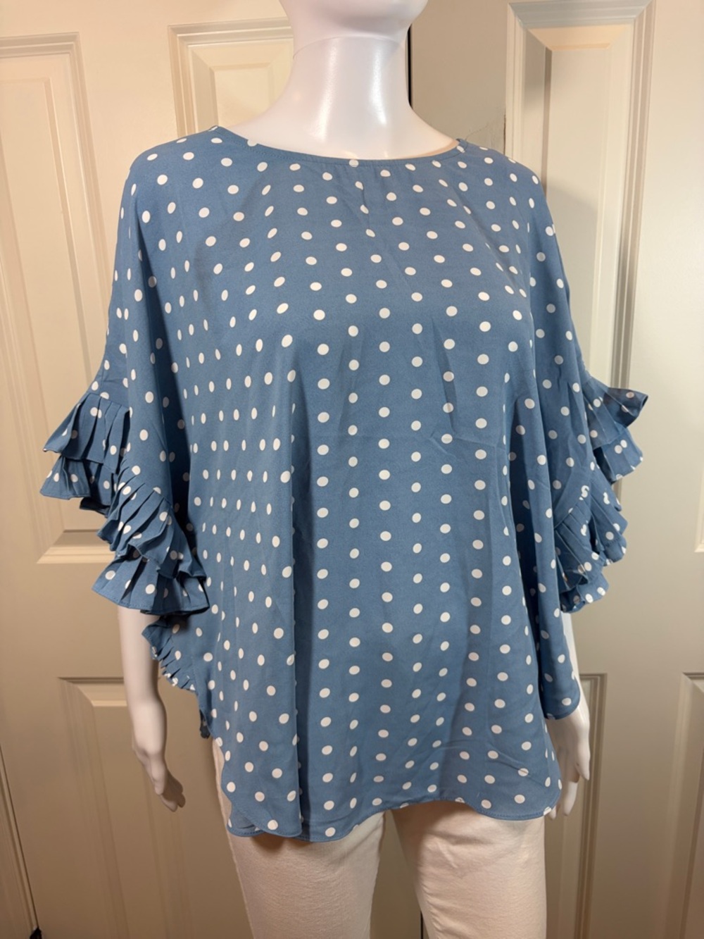 JODIFL Light Blue Polka Dot Ruffle Sleeve Blouse